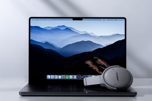 Laptop en koptelefoon op een bureau