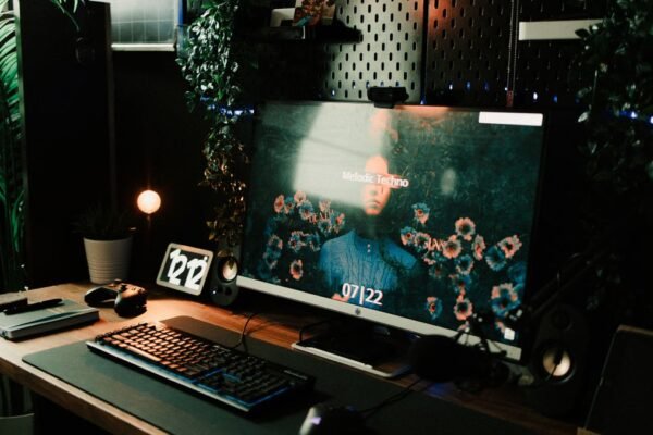 Bureau met scherm, toetsenbord en accessoires in avondlicht