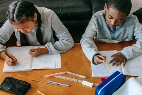 Geconcentreerde kinderen maken huiswerk aan tafel