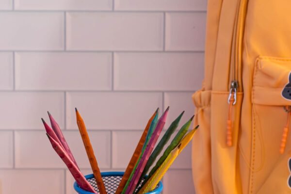 Felgekleurde schoolspullen met rugzak en potloden